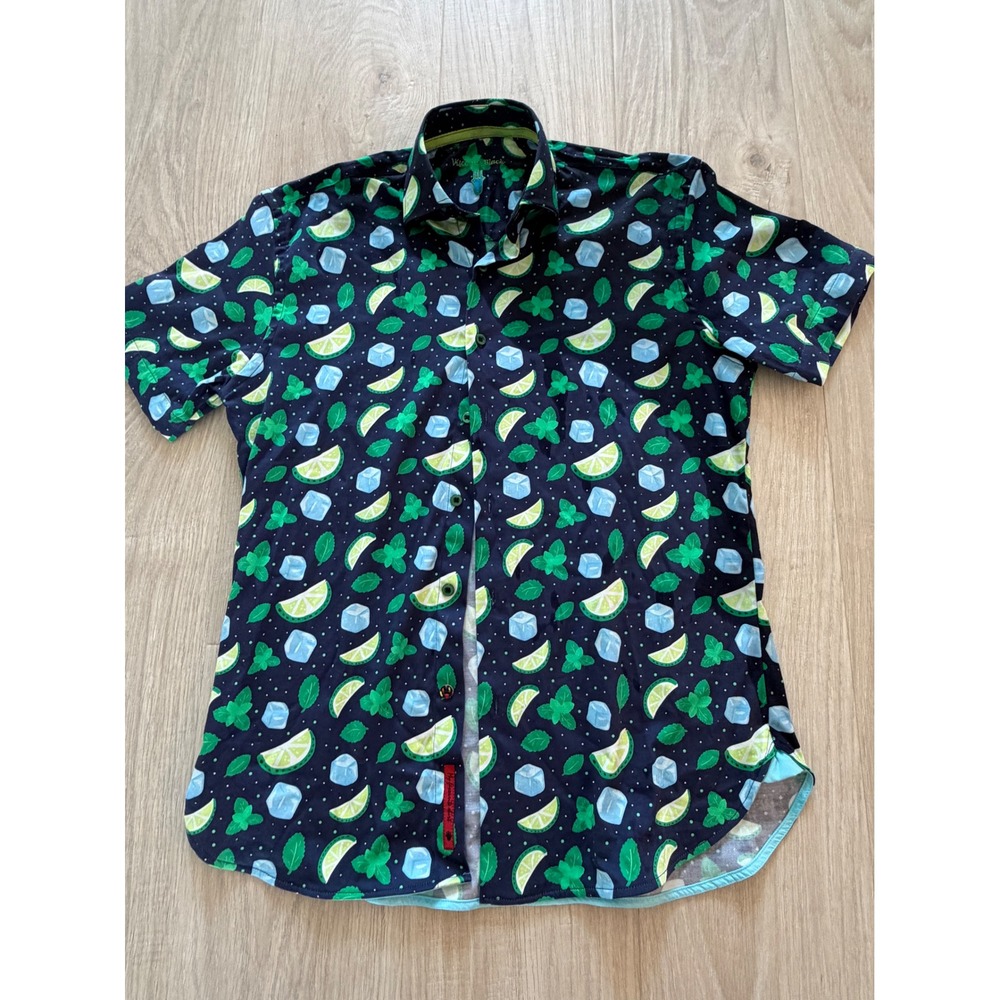 Visconti Black Button Down Shirt Mens Small Navy Mojito Lime Mint Print Casual